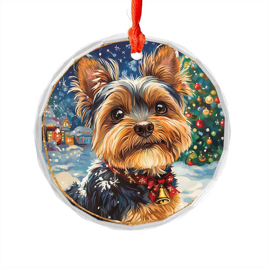 Beautiful Angus Yorkshire Terrier Dog Christmas Night Design 3 Glass Ornament