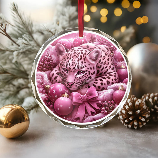 Leopard Pink Christmas Design 1 Glass Ornament