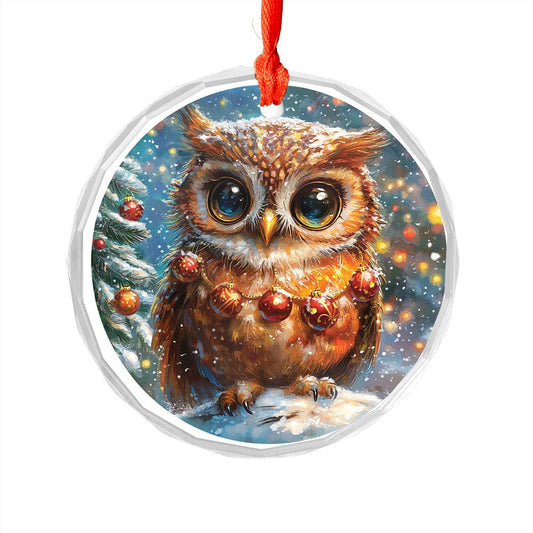 Beautiful Owl Christmas Night Design 3 Glass Ornament