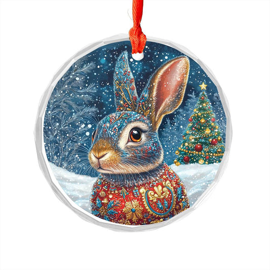 Beautiful Rabbit Christmas Night Design 2 Glass Ornament