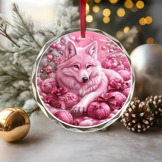 Wolf Pink Christmas Design 3 Glass Ornament