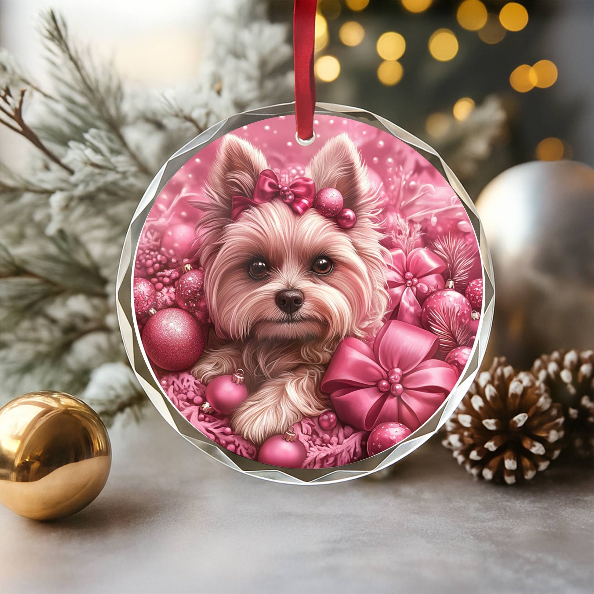Yorkshire Terrier Dog Pink Christmas Design 4 Glass Ornament