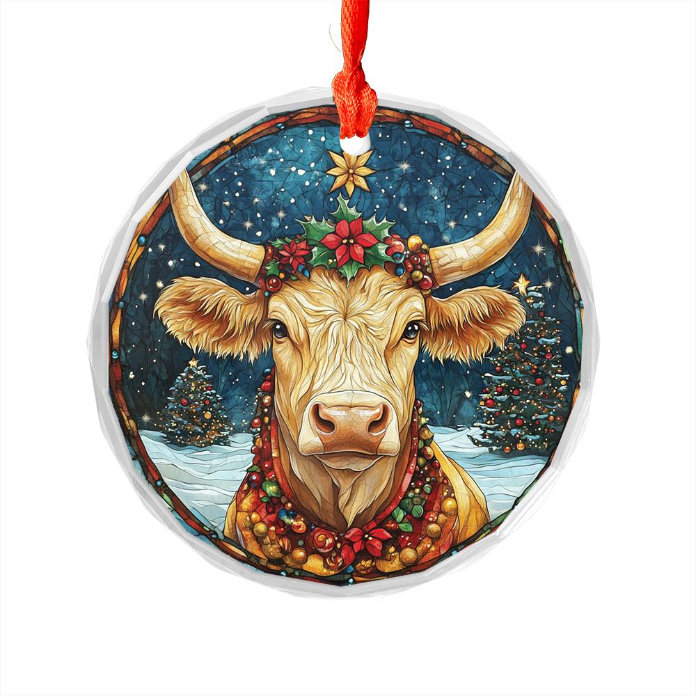 Beautiful Longhorn Cow Christmas Night Design 3 Glass Ornament