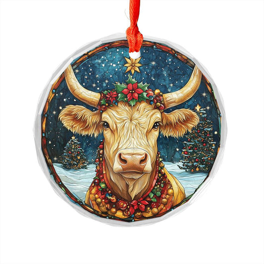 Beautiful Longhorn Cow Christmas Night Design 3 Glass Ornament