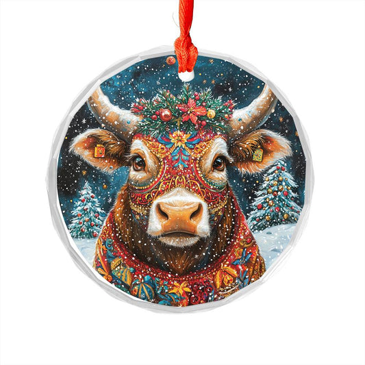 Beautiful Bull Christmas Night Design 4 Glass Ornament