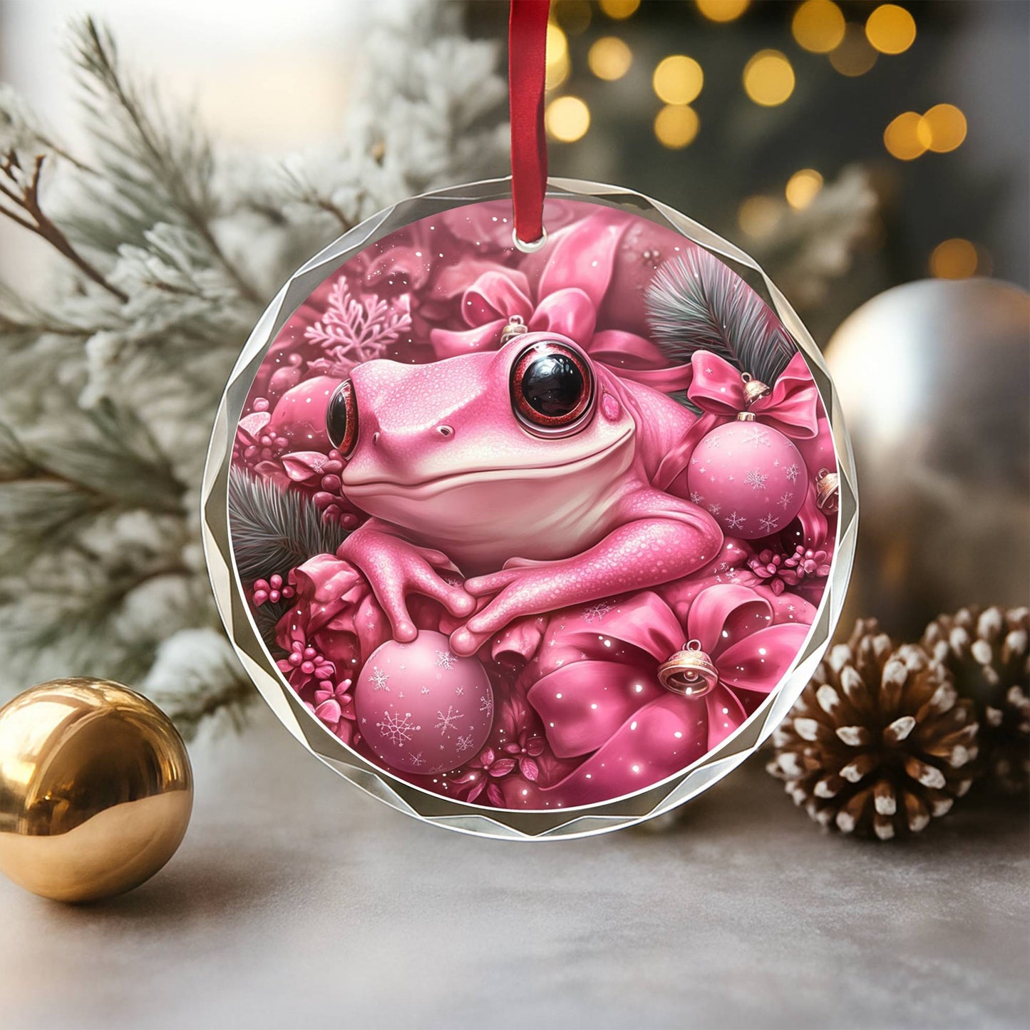 Frog Pink Christmas Design 3 Glass Ornament