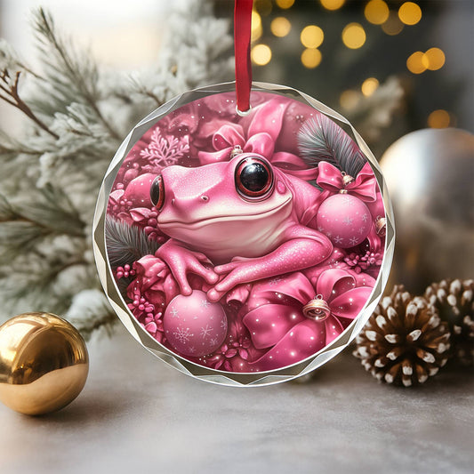 Frog Pink Christmas Design 3 Glass Ornament