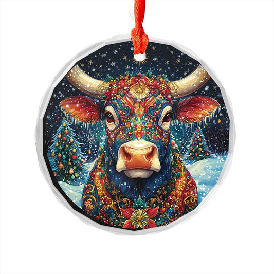 Beautiful Bull Christmas Night Design 2 Glass Ornament
