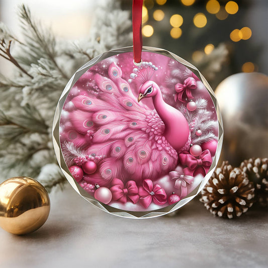 Peacock Pink Christmas Design 4 Glass Ornament