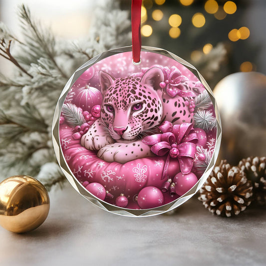 Jaguar Pink Christmas Design 3 Glass Ornament