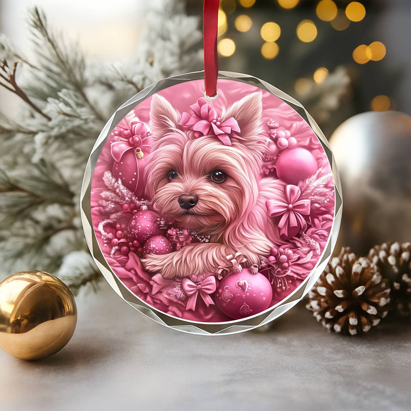 Yorkshire Terrier Dog Pink Christmas Design 1 Glass Ornament