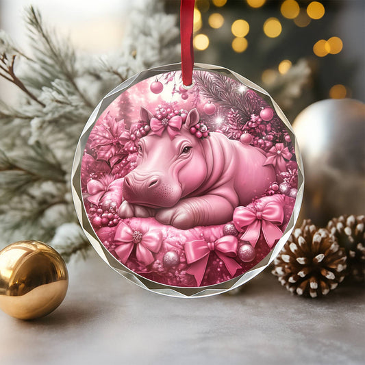 Hippo Pink Christmas Design 2 Glass Ornament
