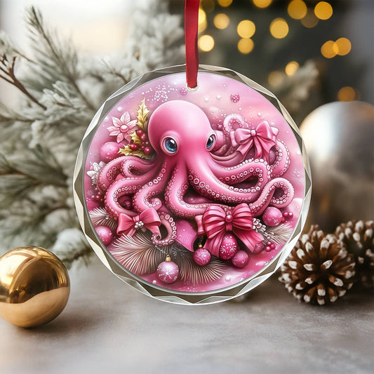 Octopus Pink Christmas Design 2 Glass Ornament
