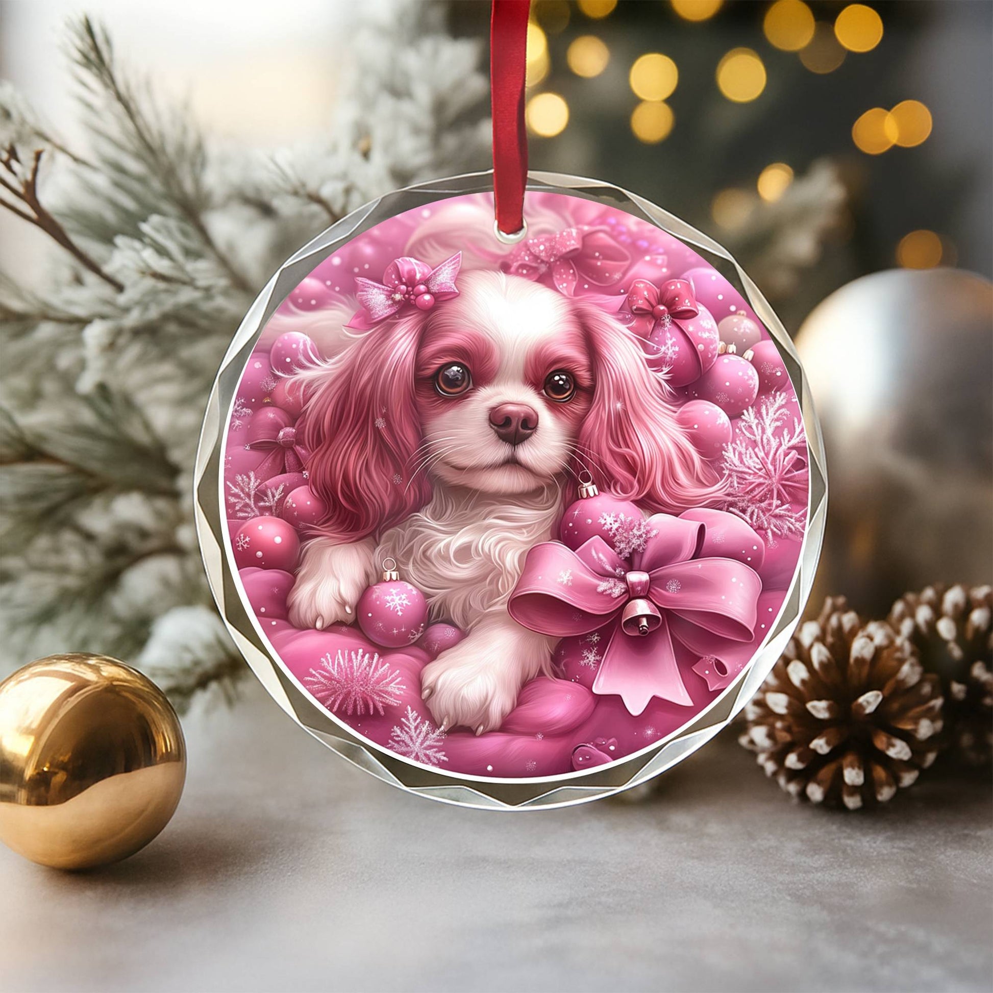 Cavalier King Charles Spaniel Dog Pink Christmas Design 3 Glass Ornament