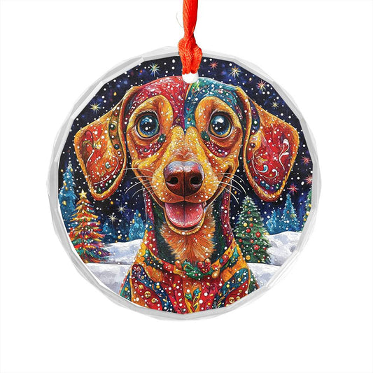 Beautiful Angus Dachshund Dog Christmas Night Design 3 Glass Ornament