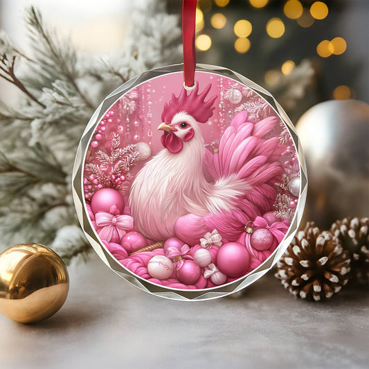 Rooster Pink Christmas Design 1 Glass Ornament