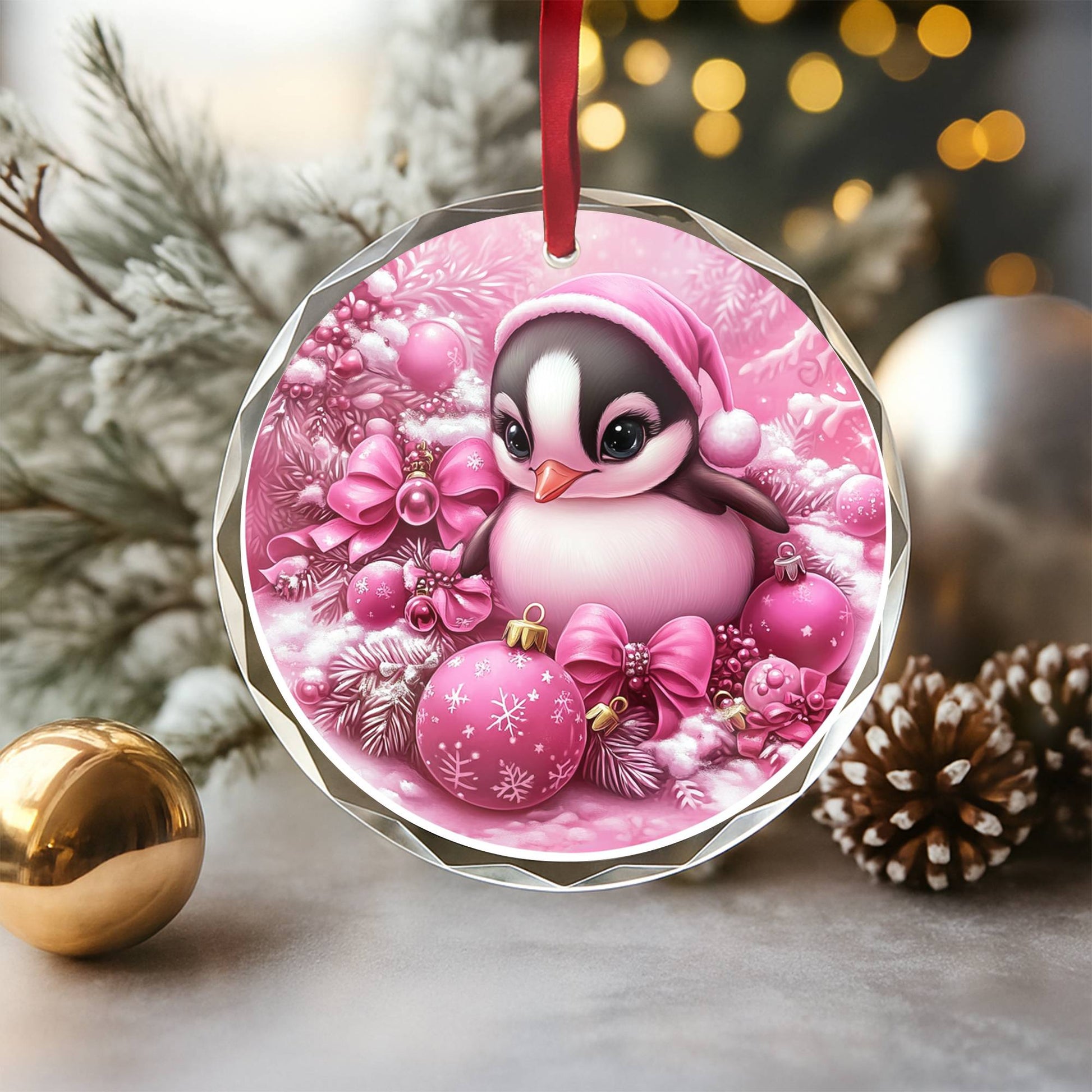 Penguin Pink Christmas Design 1 Glass Ornament