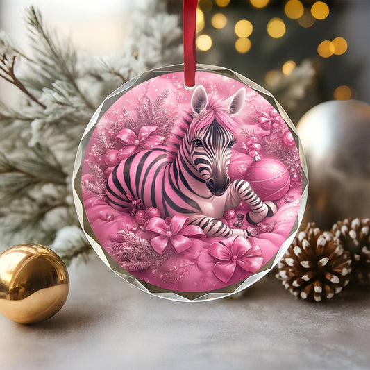 Zebra Pink Christmas Design 3 Glass Ornament