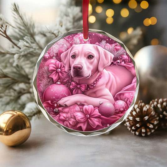 Labrador Retriever Dog Pink Christmas Design 2 Glass Ornament