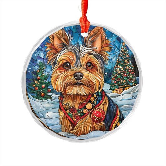 Beautiful Angus Yorkshire Terrier Dog Christmas Night Design 1 Glass Ornament