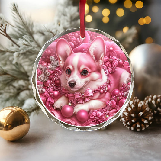 Pembroke Welsh Corgi Dog Pink Christmas Design 4 Glass Ornament