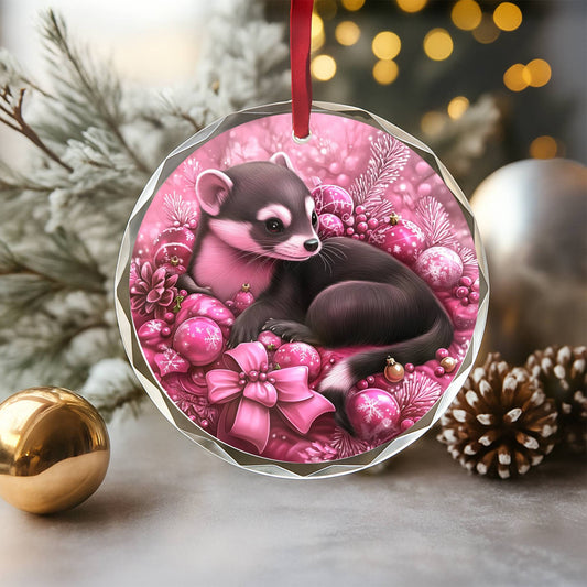 Ferret Pink Christmas Design 1 Glass Ornament