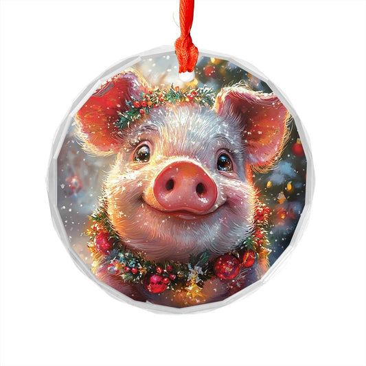 Beautiful Pig Christmas Night Design 3 Glass Ornament