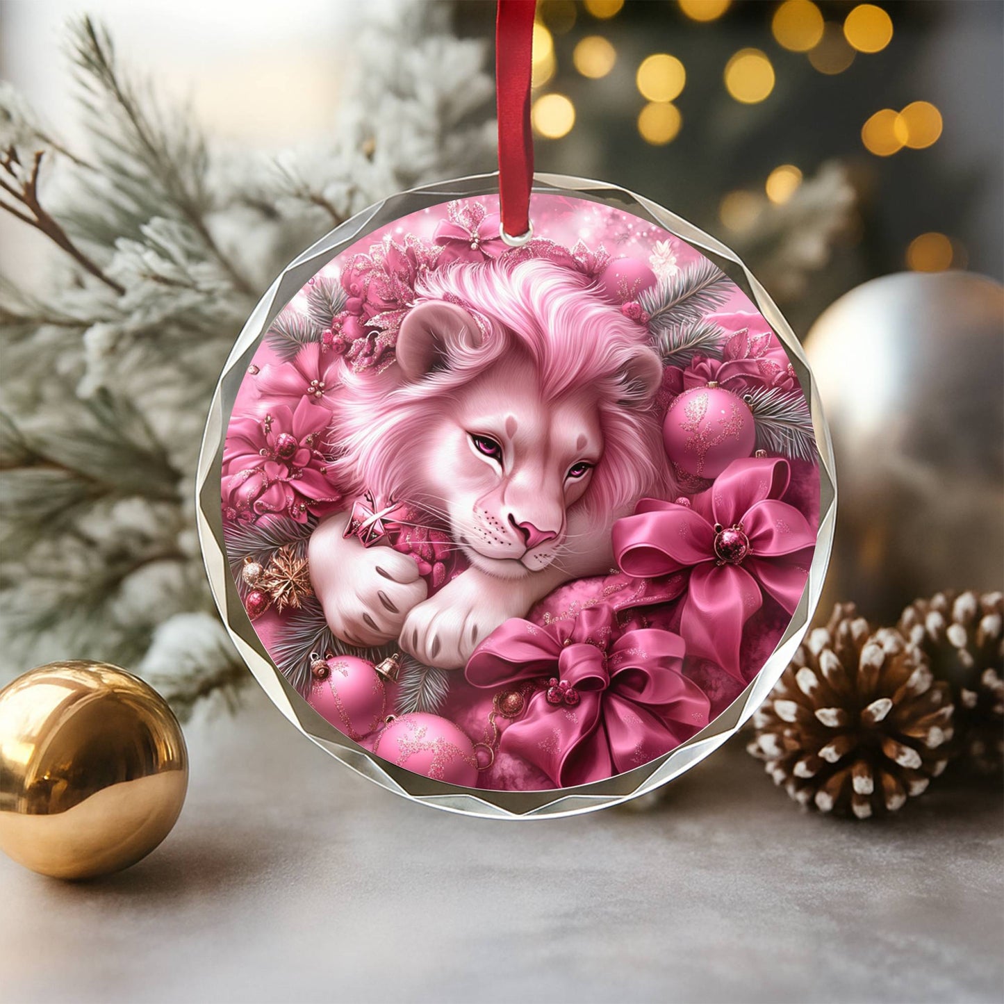 Lion Pink Christmas Design 4 Glass Ornament