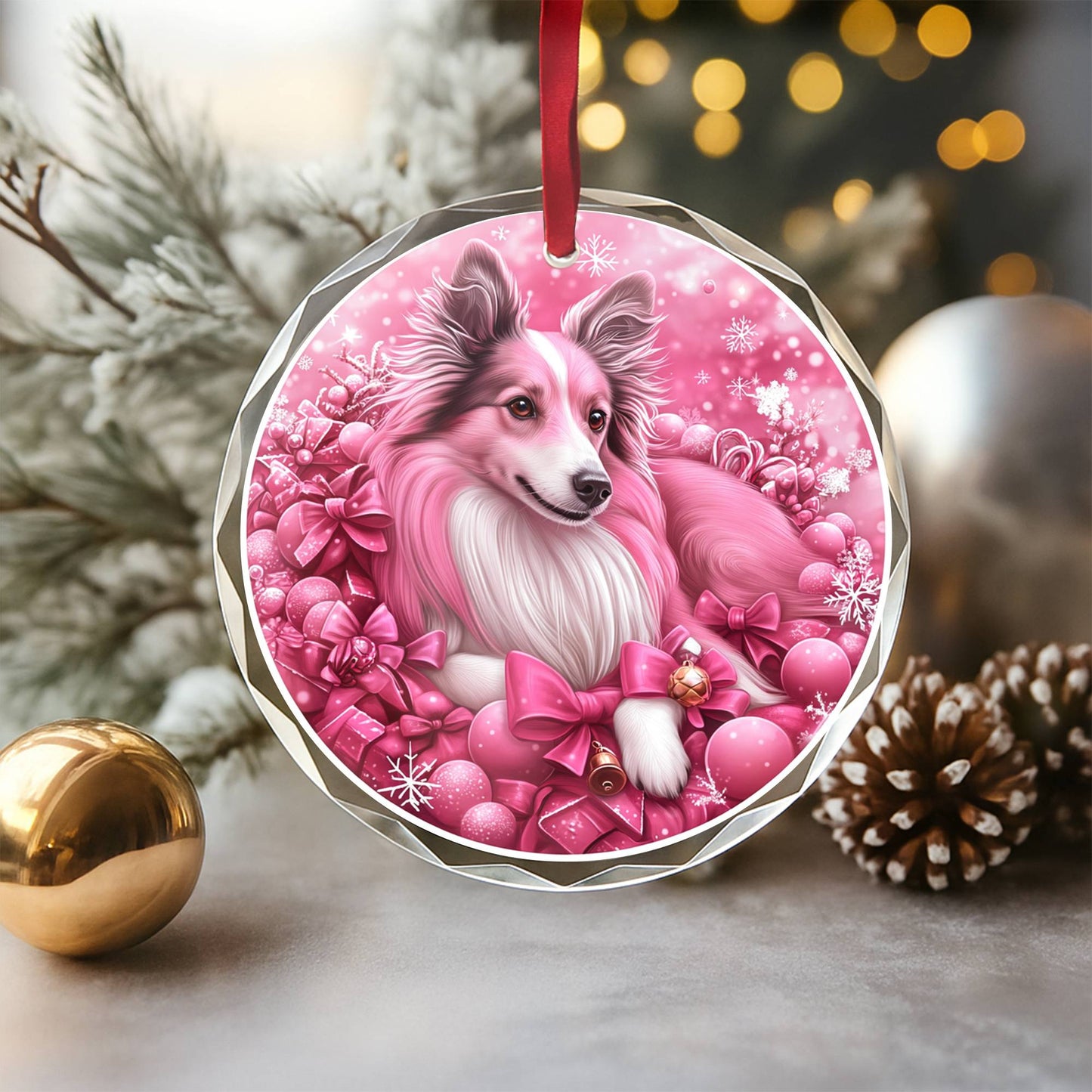 Collie Dog Pink Christmas Design 2 Glass Ornament
