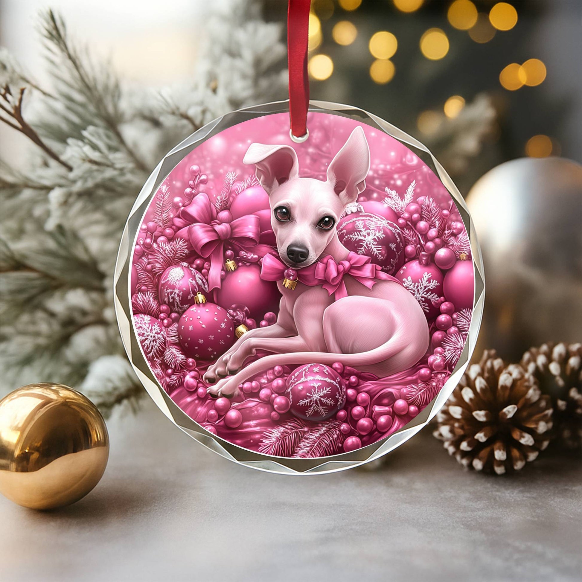 Whippet Dog Pink Christmas Design 1 Glass Ornament