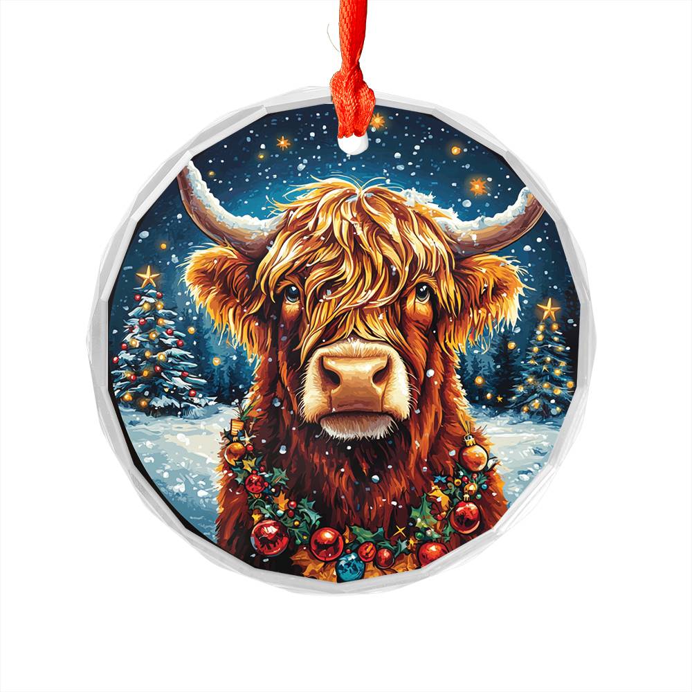 Beautiful Highland Cow Christmas Night Design 4 Glass Ornament