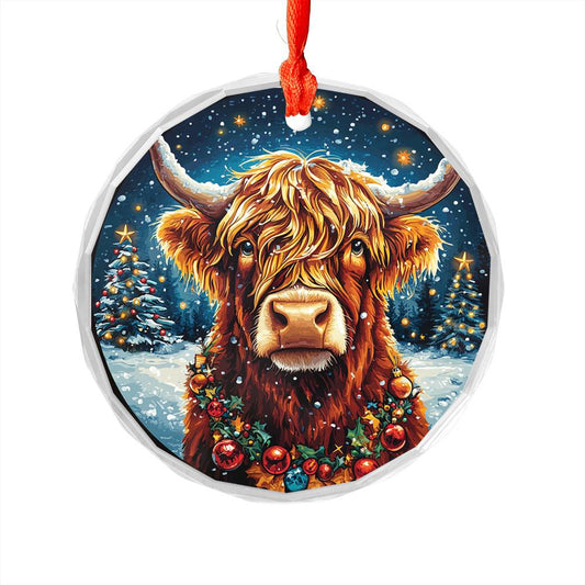 Beautiful Highland Cow Christmas Night Design 4 Glass Ornament