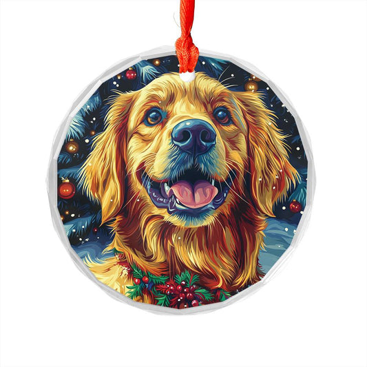 Beautiful Golden Retriever Dog Christmas Night Design 2 Glass Ornament