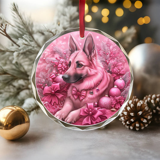 German Shepherd Dog Pink Christmas Design 3 Glass Ornament