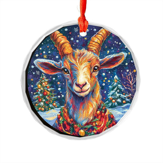 Beautiful Goat Christmas Night Design 2 Glass Ornament