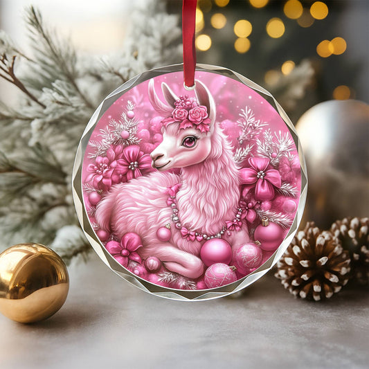Llama Pink Christmas Design 3 Glass Ornament
