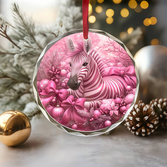 Zebra Pink Christmas Design 4 Glass Ornament