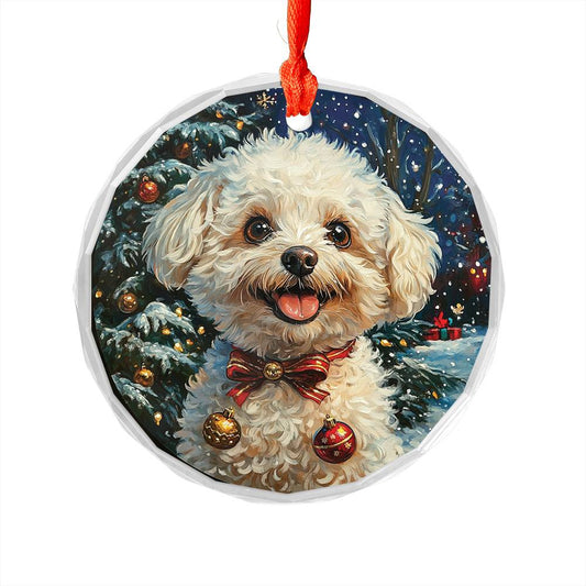 Beautiful Bichon Frise Dog Christmas Night Design 1 Glass Ornament