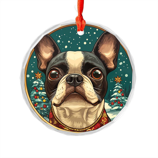 Beautiful Boston Terrier Dog Christmas Night Design 4 Glass Ornament