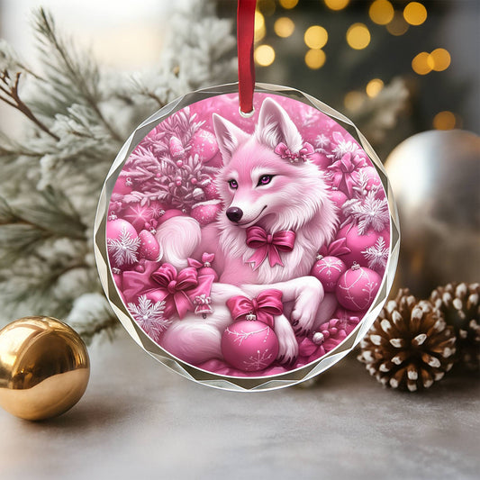 Wolf Pink Christmas Design 4 Glass Ornament