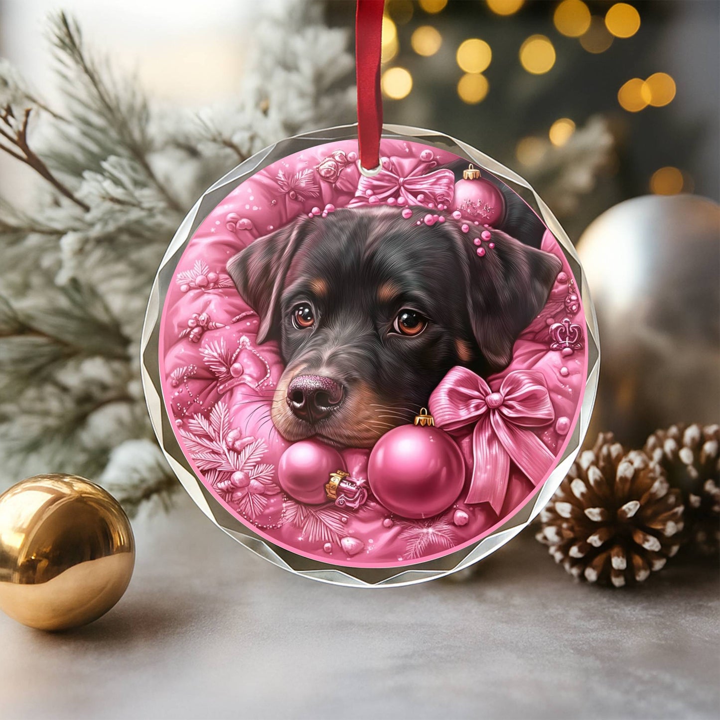 Christmas Rottweiler Dog Pink Christmas Design 2 Glass Ornament