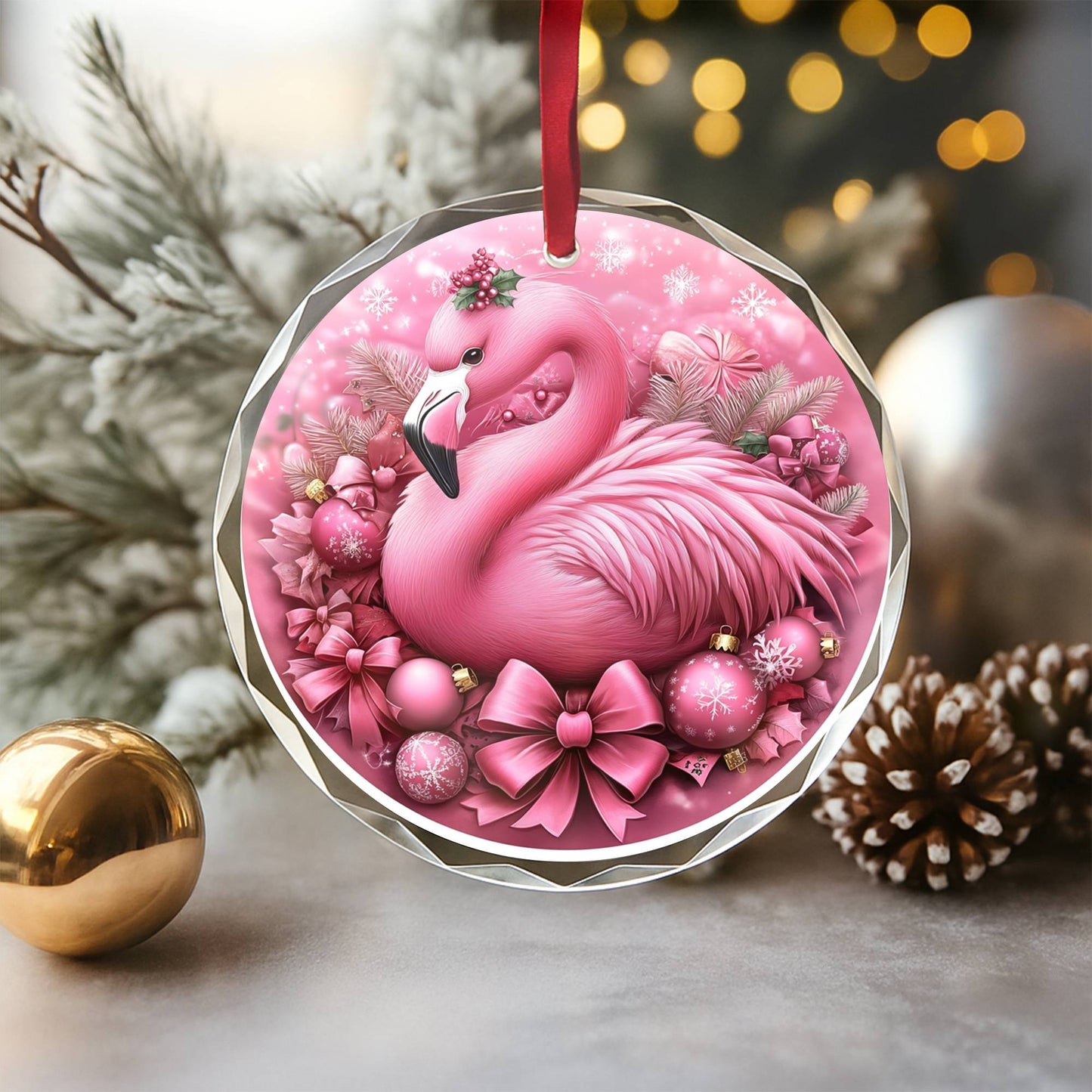Flamingo Pink Christmas Design 2 Glass Ornament