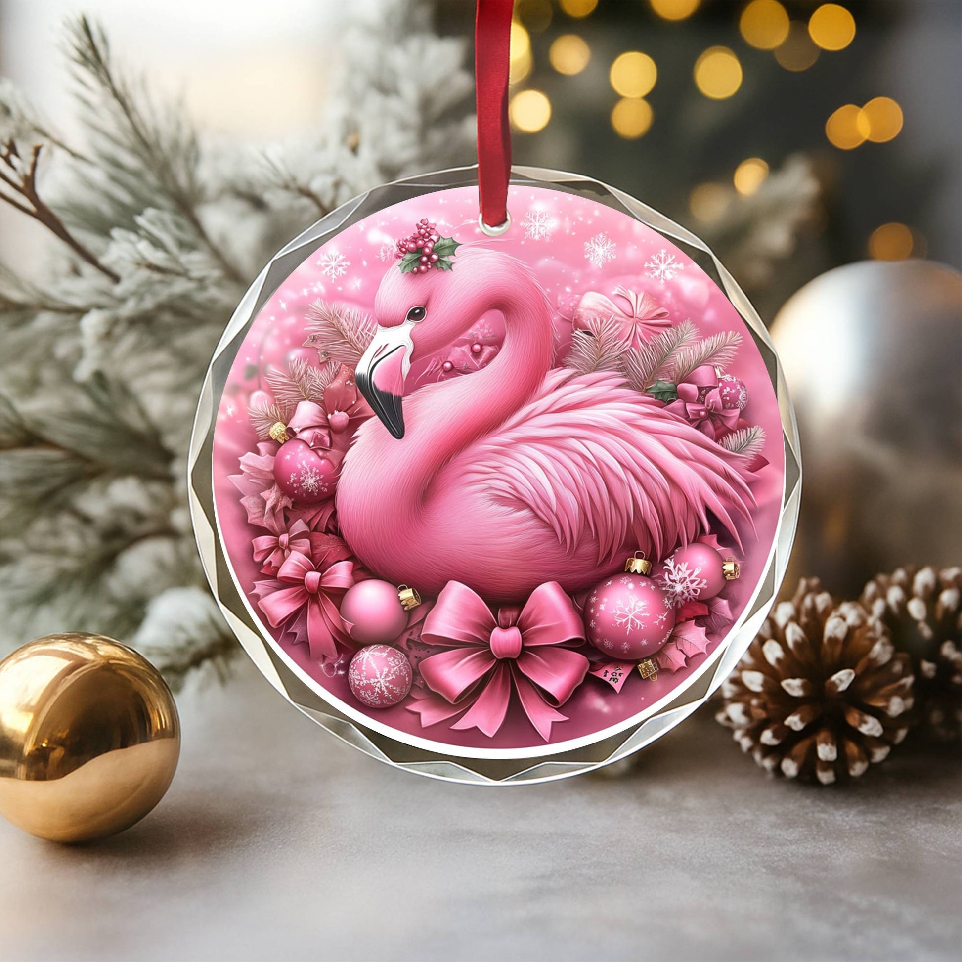 Flamingo Pink Christmas Design 2 Glass Ornament