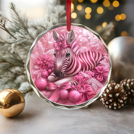 Zebra Pink Christmas Design 1 Glass Ornament