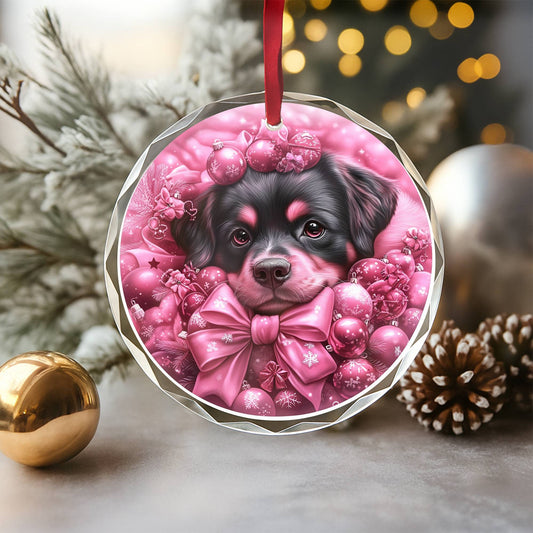 Christmas Rottweiler Dog Pink Christmas Design 1 Glass Ornament