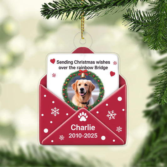 Custom Photo Pet Sending Christmas Wishes Over The Rainbow Bridge Ornament, Personalized Pet Memorial, Gift For Pet Lover