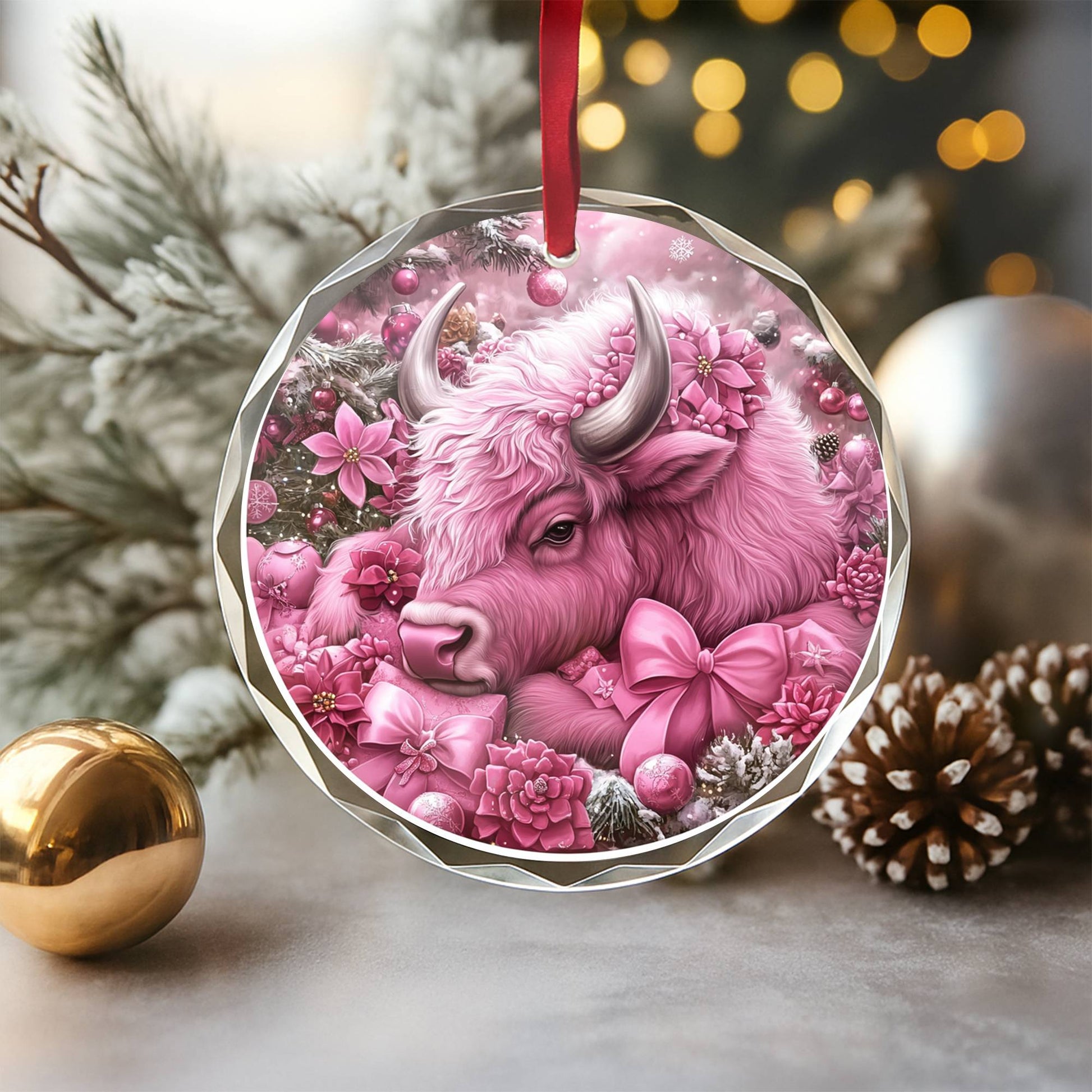 Bison Pink Christmas Design 2 Glass Ornament