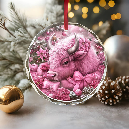 Bison Pink Christmas Design 2 Glass Ornament