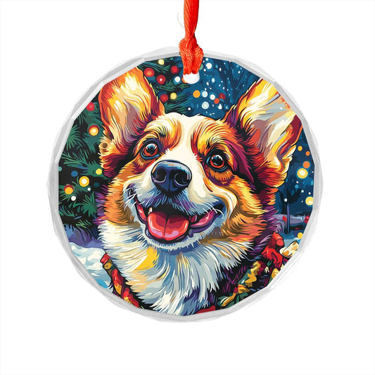 Beautiful Angus Corgi Dog Christmas Night Design 1 Glass Ornament