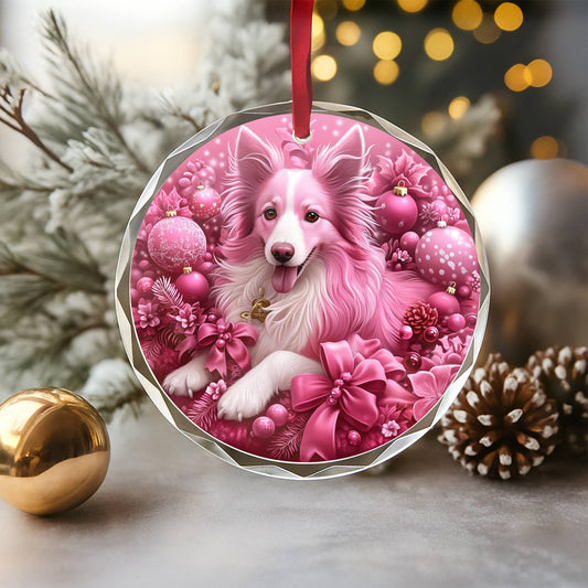 Collie Dog Pink Christmas Design 1 Glass Ornament
